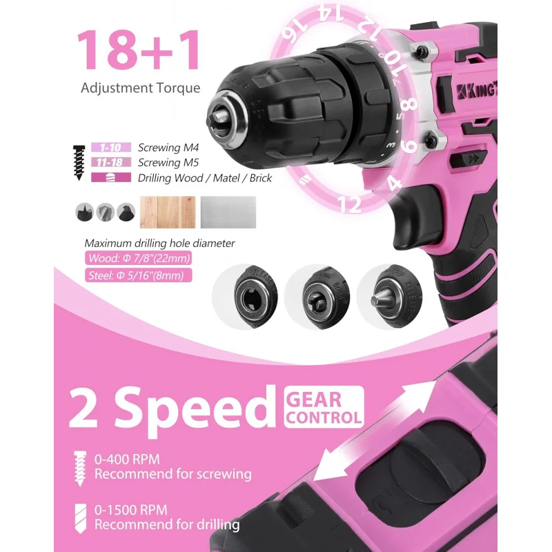 267-Piece Tool Kit Set - Pink  Set with 21V Crodless Power Drill Driver