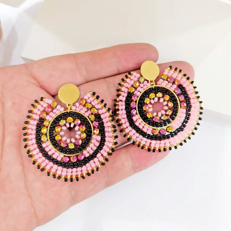 Rice bead earrings Crystal Sunflower Hollow out Originality Roundness Hand knitting Bohemia Alloy Fashion Simple Beaded earrings