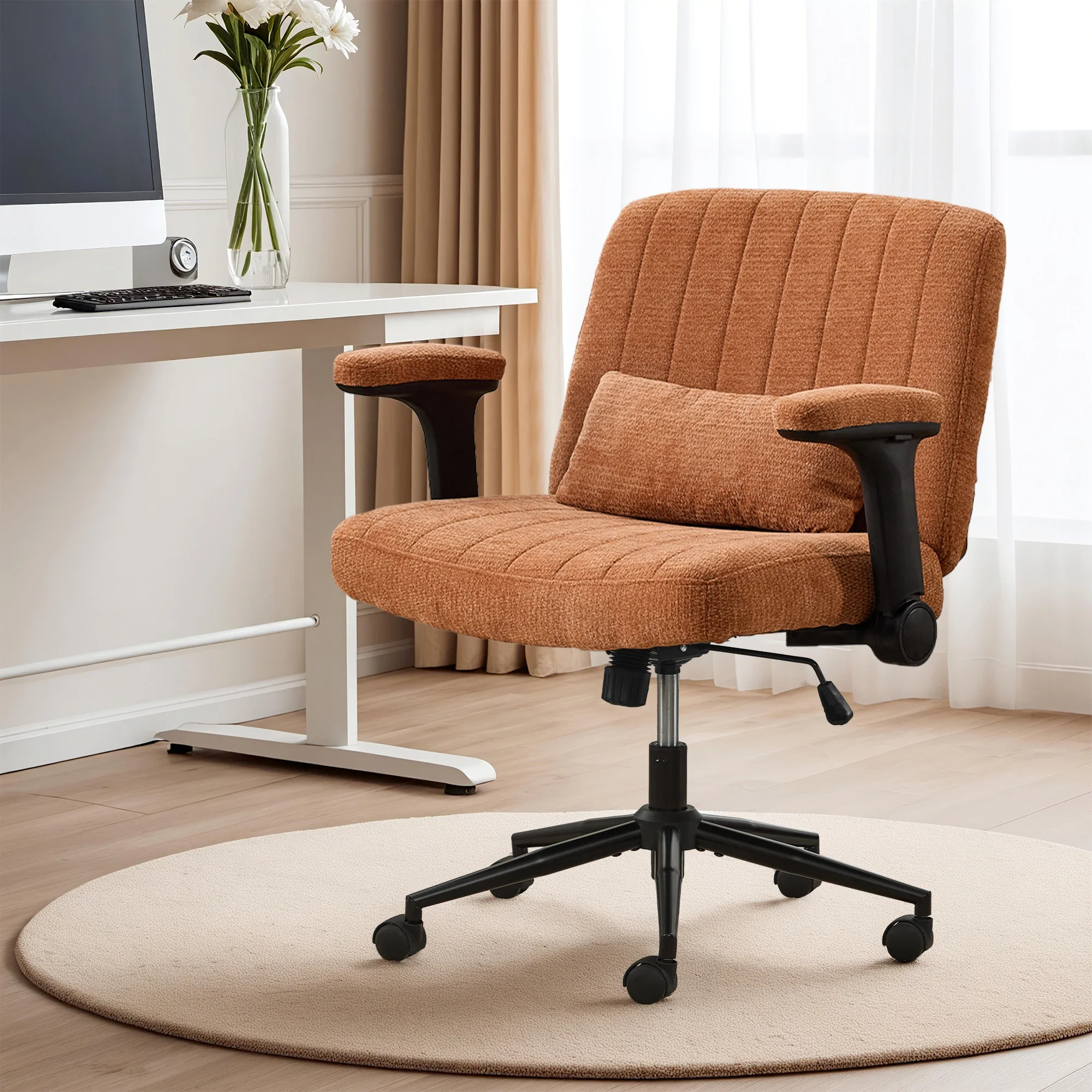 TCGBKAF Orangefarbener Criss-Cross-Stuhl mit verstellbaren hochklappbaren Armlehnen, Schminkstuhl mit Rollen, bequemer Chenille-Schreibtischstuhl mit Lendenkissen, drehbarer breiter Stuhl für Zuhause,