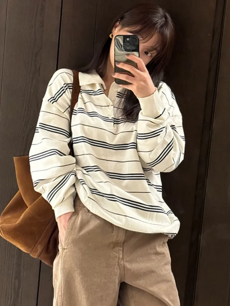 

Retro Korean Sle Women's Long Sve Ne Striped Knitwear Casual Agel Early Autumn New Arrival Faion Top