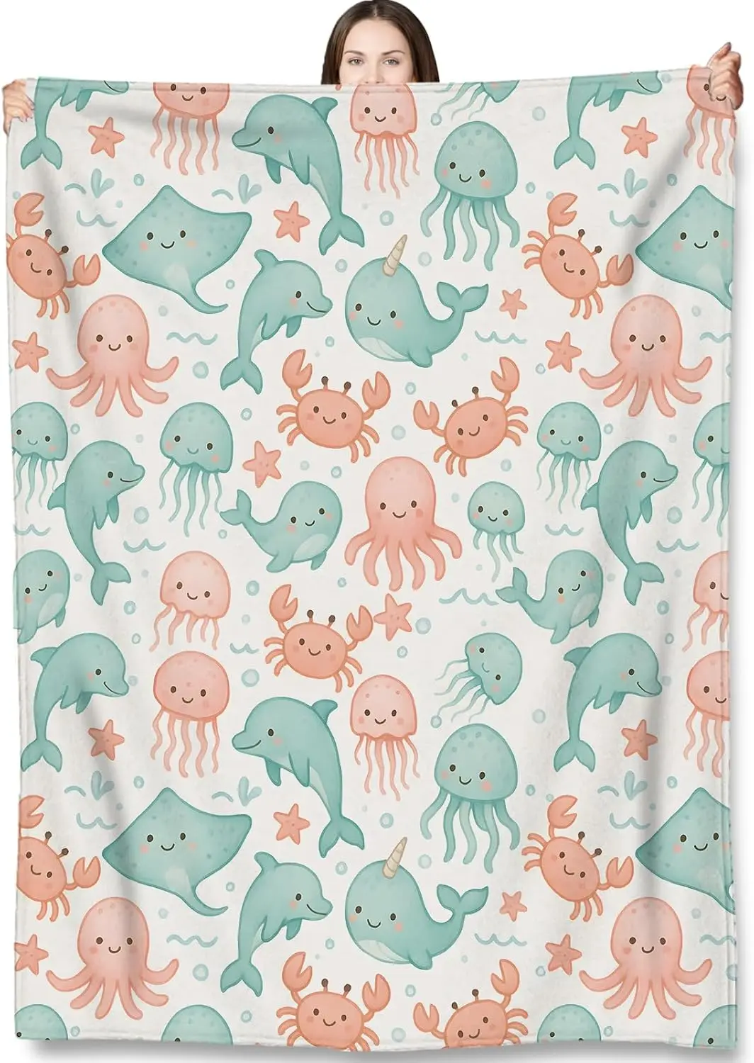 

Sea Creatures Throw Blanket Gifts for Adults Kids, Ocean Animals Dolphin Crab Blankets for Living Room Bedroom Decor, Fuzzy Warm