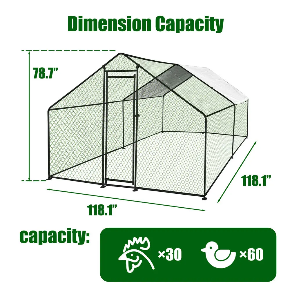 Большой металлический курятник Walk-In Chicken Run 9,8x9,8x6,6 с остроконечной крышей, фермерский двор