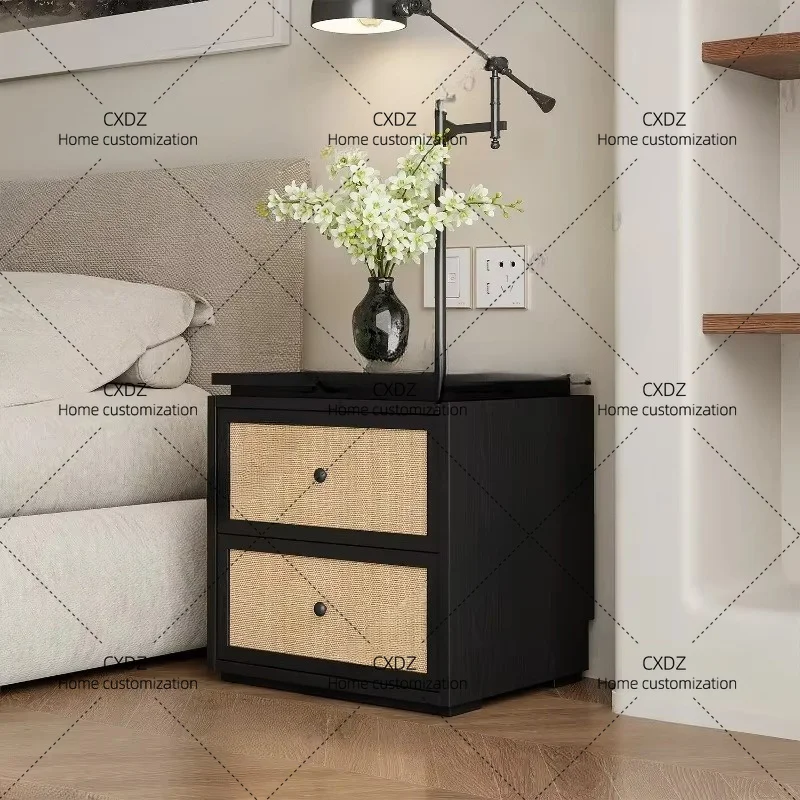 XXSolid wood rattan bedside table high-end retro two-drawer bedroom storage rattan cabinet