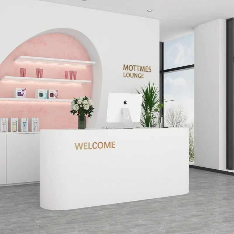 Mostradores de caja para tienda de ropa, contadores de caja de peluquería de belleza simples en forma de arco, muebles de recepción de empresa JT40C