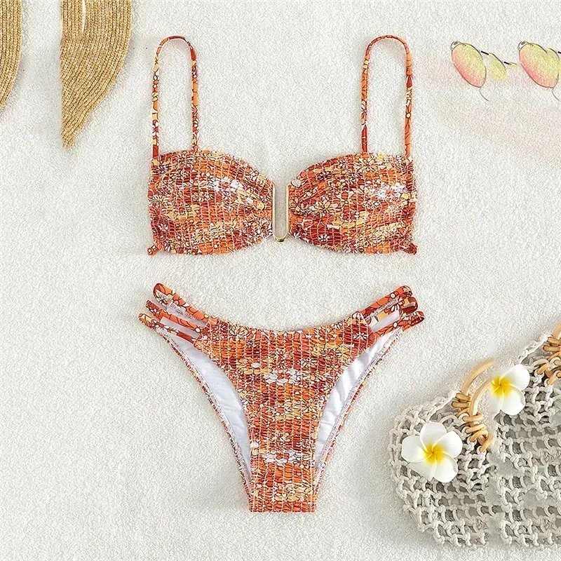 Floral Print Ruched Swimwear Women Ruffles Bandeau Swimsuit Bikinis Sets Mujer Sexy String Bathing Suit Biquinis Beachwear Swim