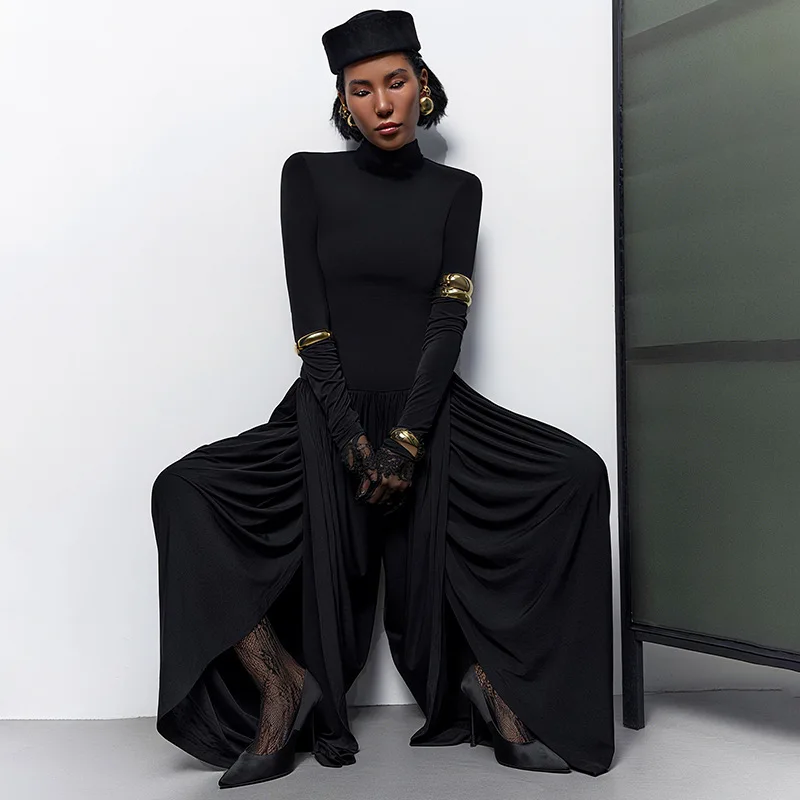 เสื้อผ้าผู้หญิงสไตล์ยุโรปและอเมริกาใหม่ประจำปี 2025 เสื้อคอเต่าทรงเข้ารูป สีพื้น แขนยาว จีบระบาย