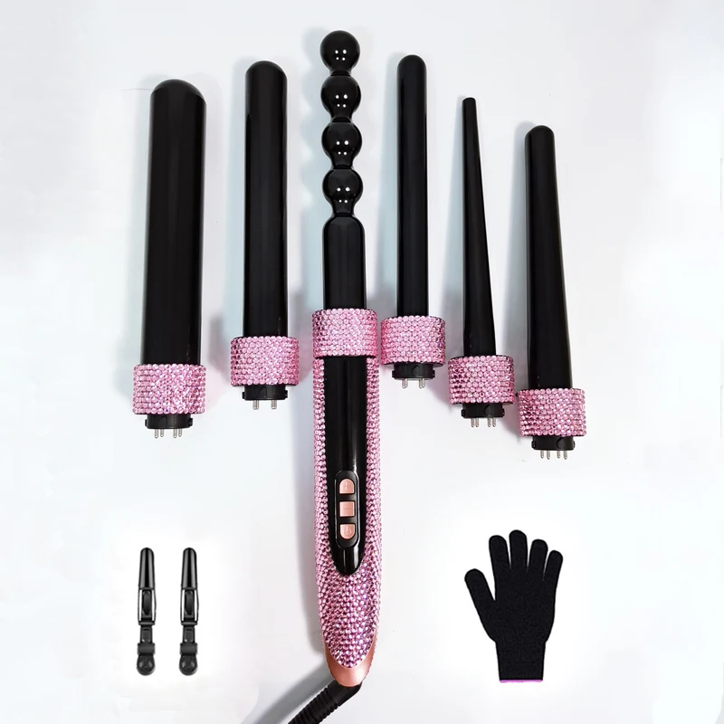 Hot sale bling diamond curling wand set 6pcs interchangeable ceramic barrels custom electric curling iron