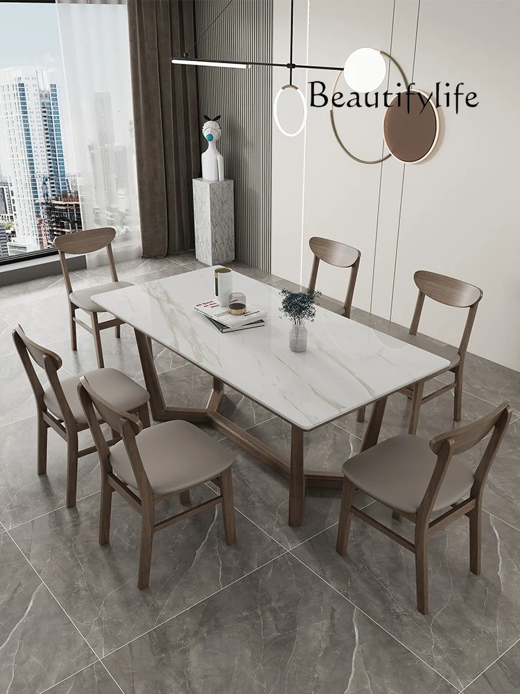 

Nordic Walnut Dining Table Light Luxury Household Rectangular Bright Rock Plate Solid Wood Dining Chair Assembly