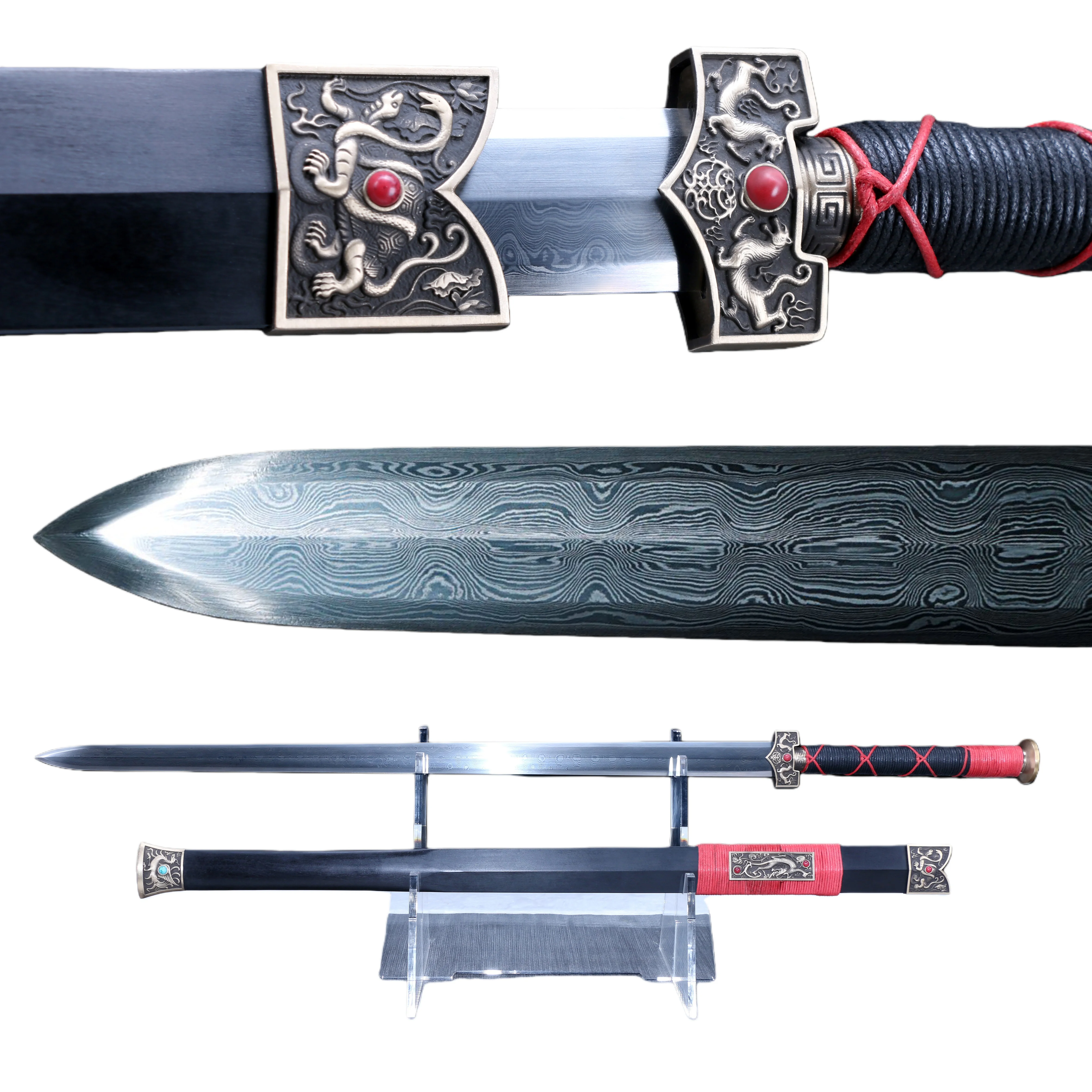 Medieval China katana hand-folded and forged Damascus steel samurai sword with ganoderma lucidum pattern, ebony sheath,weapons
