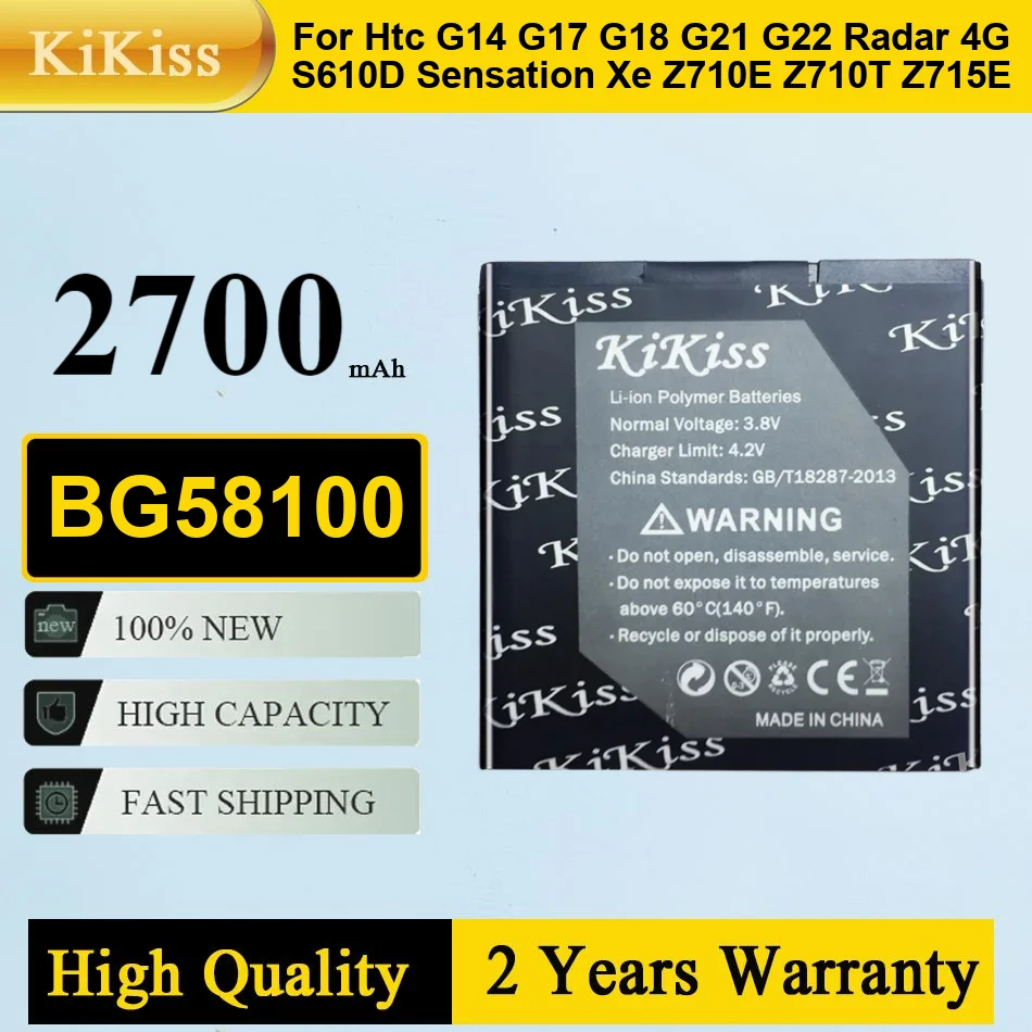 

2700Mah Kikiss Battery BG58100 For HTC G14 G17 G18 G21 G22 Radar 4G S610d Sensation XE Z710e Z710T Z715E