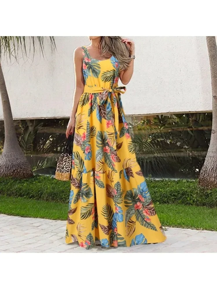 plus size Square Neck Sleeveless Belt Casual Dress Elegant Flower Print Fashion Loose Long Dress Versatile Daily Long Dress