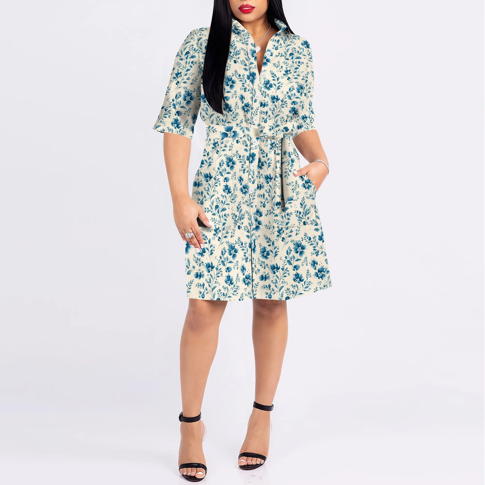 Dames overhemdjurk met knopen, V-hals, bloemenprint, mini-jurk met korte mouwen, casual korte feestjurk met riem en zak