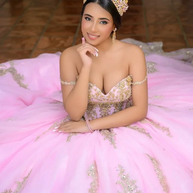 

Pink Quinceanera Dress off-shoulder crystal Golden glitter Decal Long tail Bow Vestidos De 15 Quinceanera ﻿Customize
