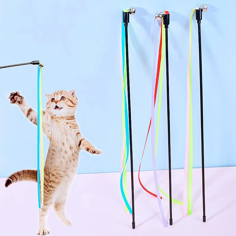 

Cat Toys Colored Webbing Interactive Cat Toy with Bell Cats Teaser Stick 40cm Long Handle Webbing Tassel Toys for Cats Teasing