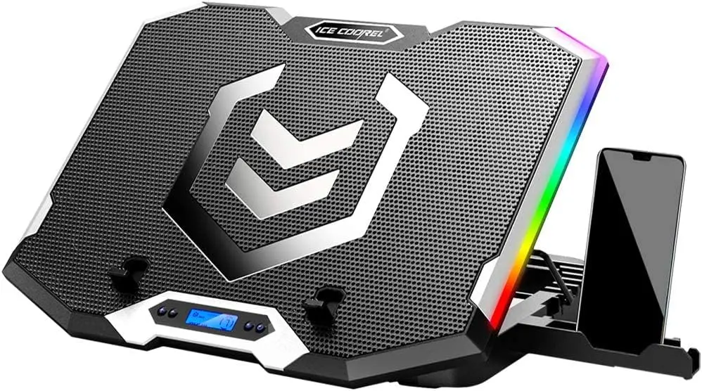 Gaming Laptop Cooling Pad 15-17.3 Inch with 6 Cooling Fans, Laptop Cooler with RGB Light, LCD Screen, 2 USB Ports, Phone Stand