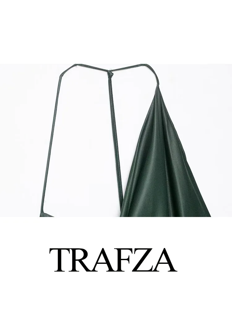 

TRAFZA Woman Summer Dark Green Slanted Collar Backless Decorate Sexy Long Dress Female Fashion Asymmetry Casual Sleeveless Dress
