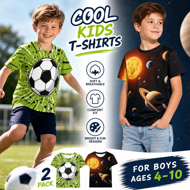 Little Hand Toddler Summer Tee Boys Cool Full Print Football Casual  Top Kids Space Planet Short Sleeve Top for 3-10T