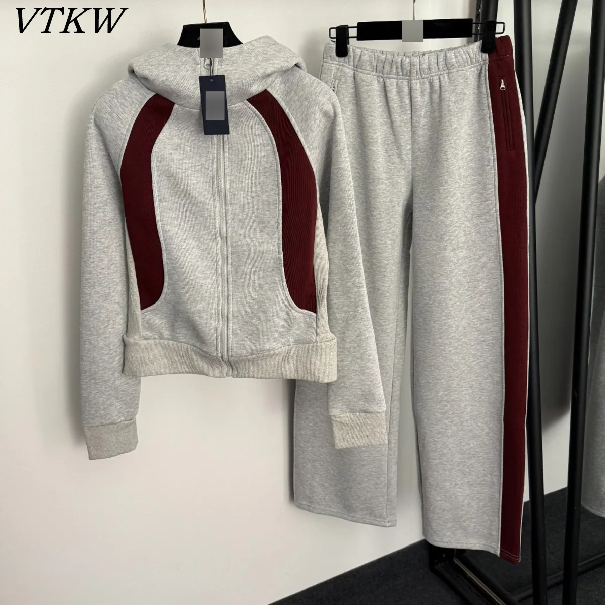 

VTKW Women Casual Hoodie Pants Set Zip Up Hooded Color Block Patchwork Wide Leg Trousers Black Gray Burgundy Daily Sportswear