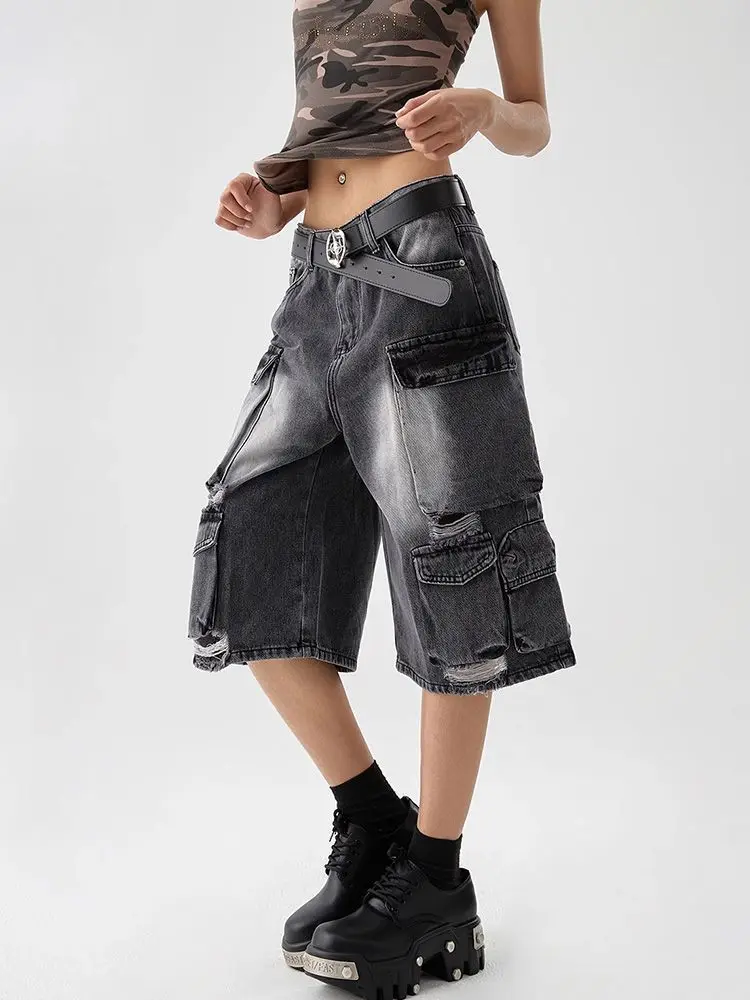 Summer Women's Distressed Design Black Gray Denim Shorts Unisex Street Capris Casual Bottom Female Wide-leg Calf-length Pants