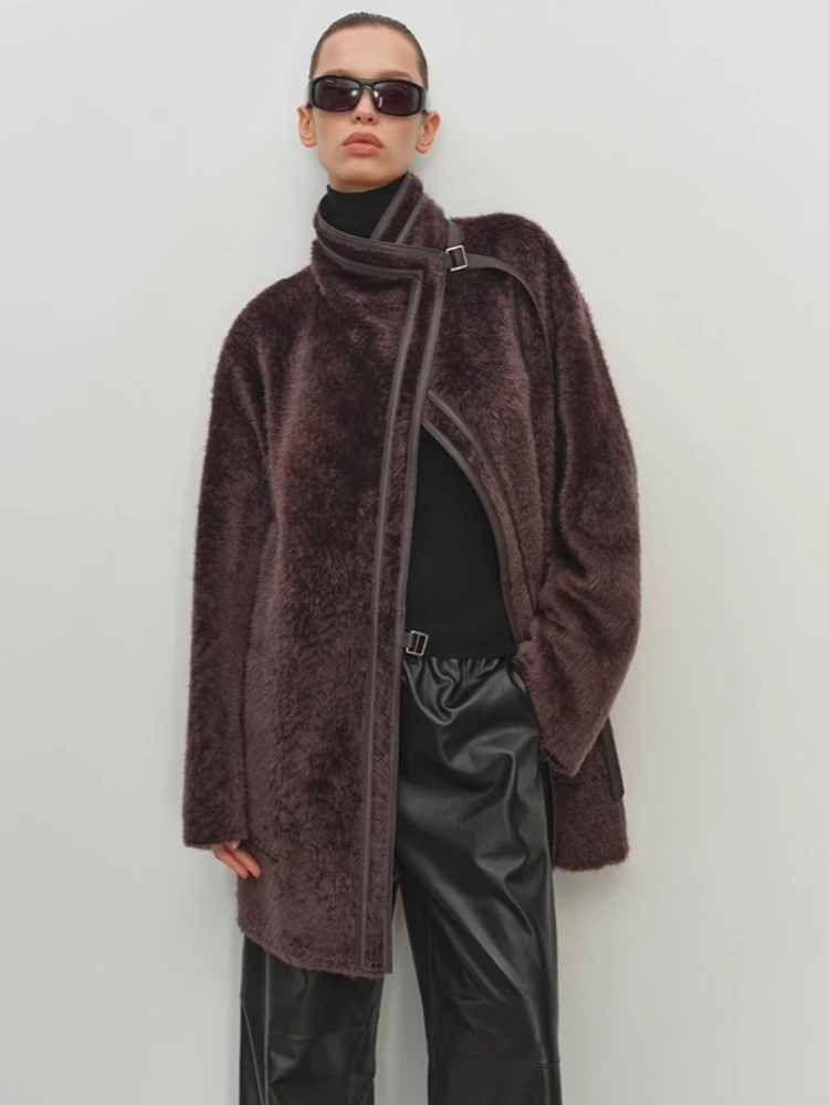 High-end Luxury Natural Lamb Fur Jackets Shearling for Women Simple Stand Collar Mid-length Winter Genuine Leather Real Fur Coat