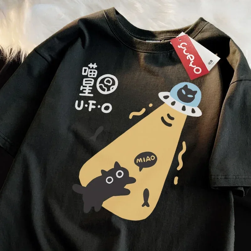 

Summer Loose Casual Short Sleeved Men and Women T-shirts Fun Black Cat Print American Cotton Couple Half Sleeved Top Clothes