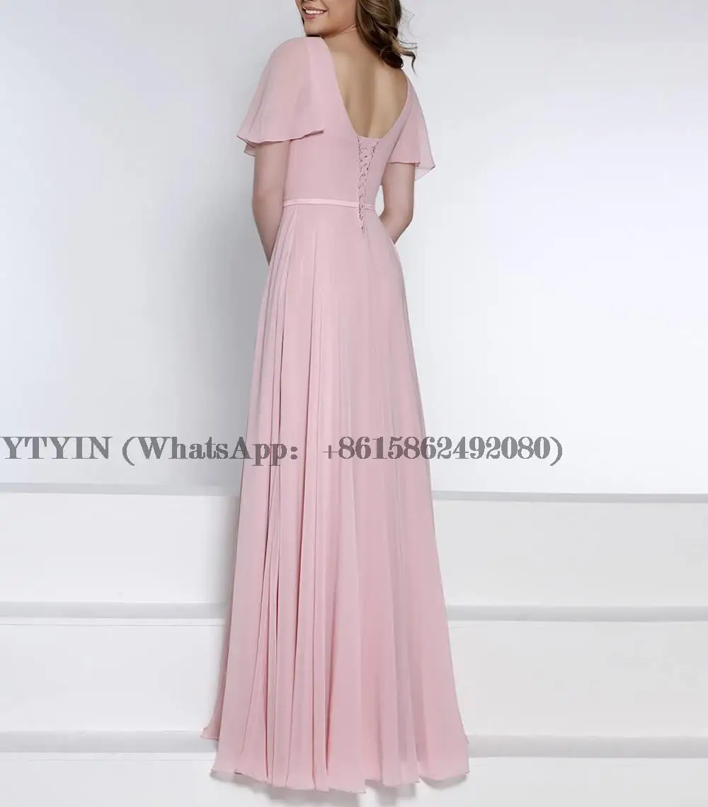 V Neck Bridesmaid Dresses Chiffon A Line Evening Dresses Wedding Guest Dresses with Slit and Sleeve for Women Customized