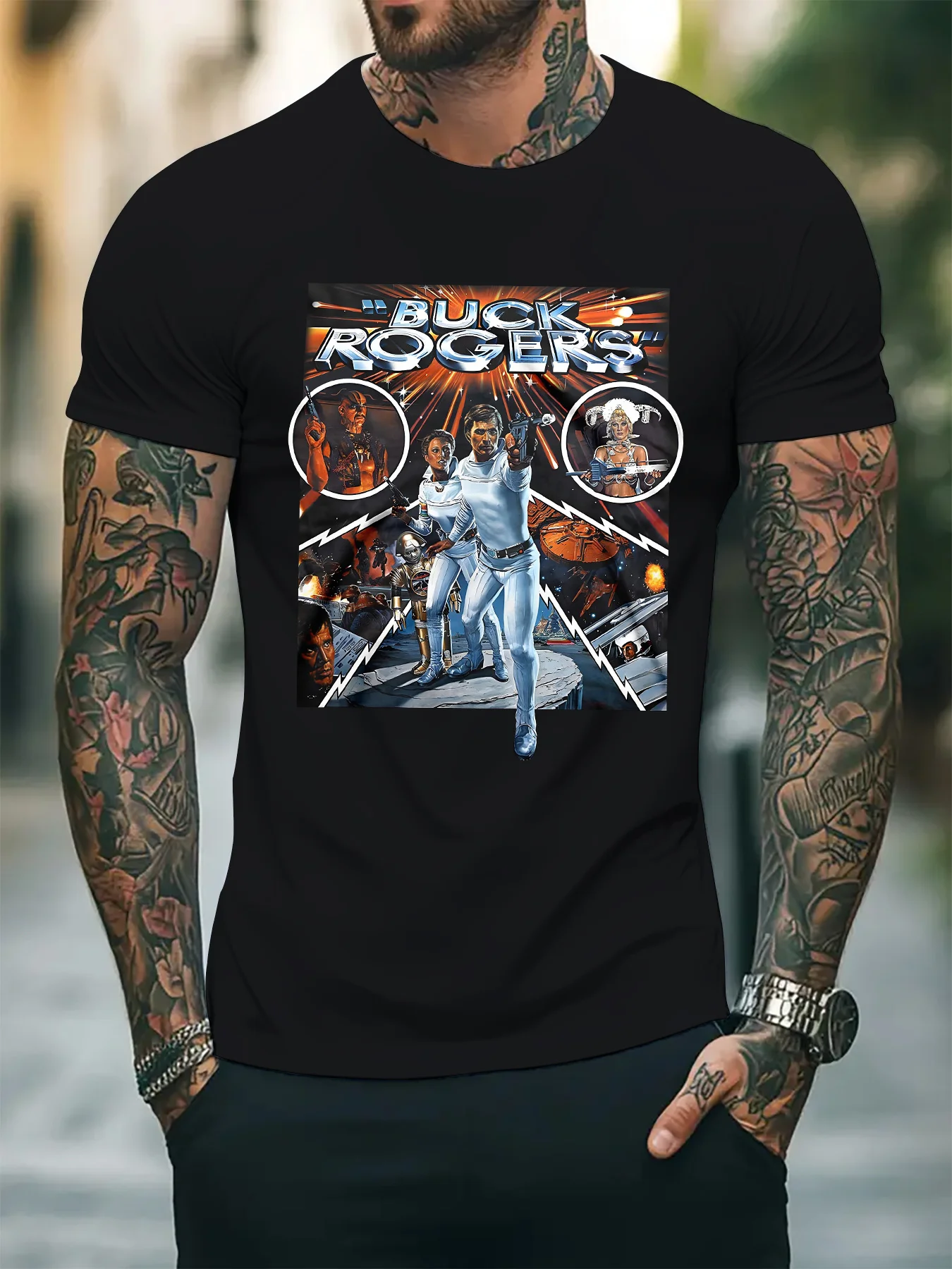 Camiseta gráfica de ciencia ficción retro Buck Rogers para hombre, diseño de cómic clásico del siglo XX, camisa negra con nave espacial naranja y azul, ajuste regular, manga corta, cuello redondo, ropa informal y de exposición para todos los días, esencial para fanáticos futuristas
