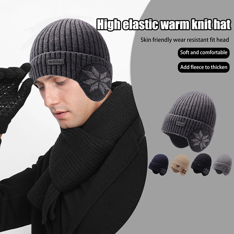 Outdoor Men Winter Knitted Hat Plush Warmth Peaked Cap Earmuff Casual Fashion Faux Fur Lined Bomber Hats Cycling Ear Protection