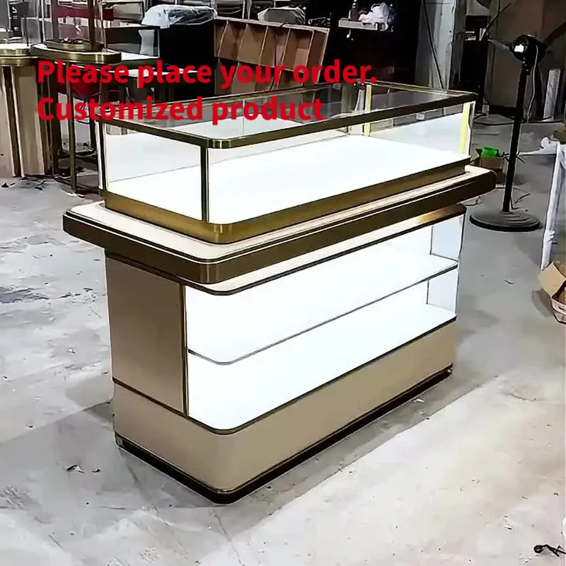 custom.Two-Tier Champagne Gold Stainless Steel Glass Jewelry Display Cabinet With LED Light Custom LuxuryJewellery Watch Store S