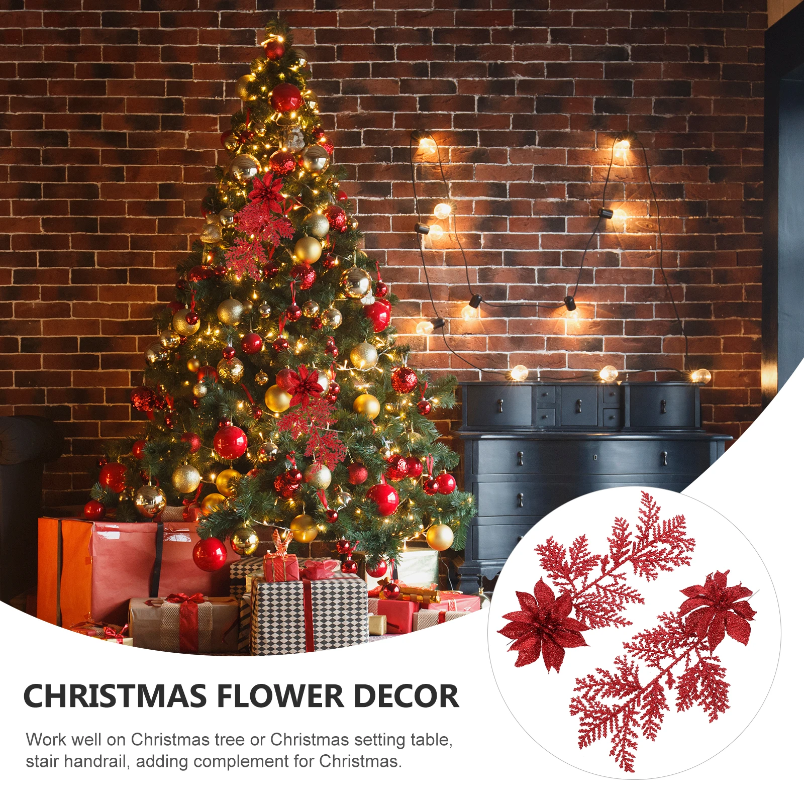 

6pcs Christmas Flower Pendant Decor Artificial Glittery Twigs Faux Pine Branches Holiday Floral Picks Table Setting Supplies