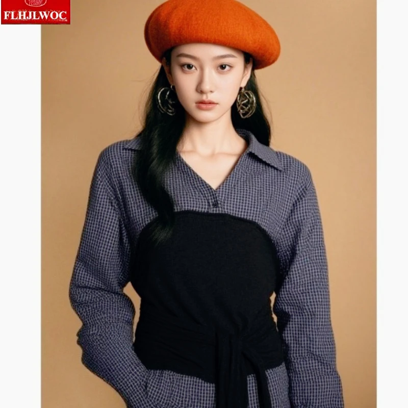 

Cotton Faux 2 Pieces Tops Lace-Up Plaid Shirts 2025 Autumn Women Japan Peppy Style Girls Retro Vintage Cute Peplum Top Blouses