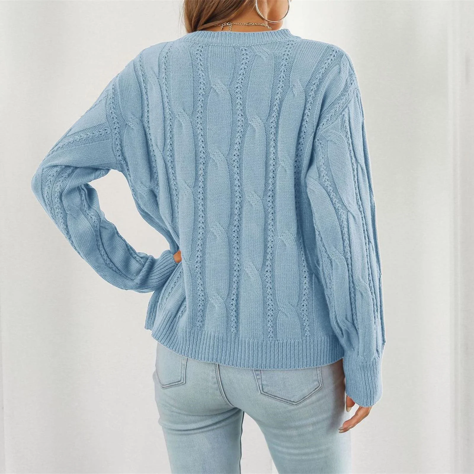 Women Cable Knit Sweater Loose Fit Solid Color Pullover Long Sleeve Casual Boho Style Soft Comfortable Autumn Winter Essential