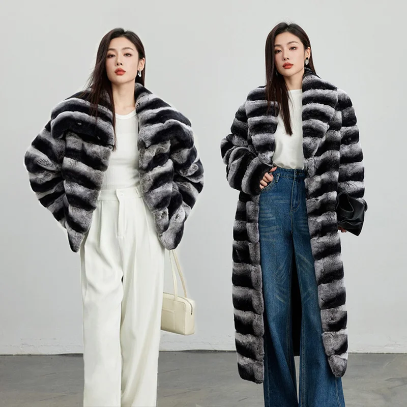 Winter Women Real Rabbit Fur Coat Luxury Long Fur Coat Loose Lapel OverCoat Thick Warm Fur Coat Natural Fur Female Plush Coats