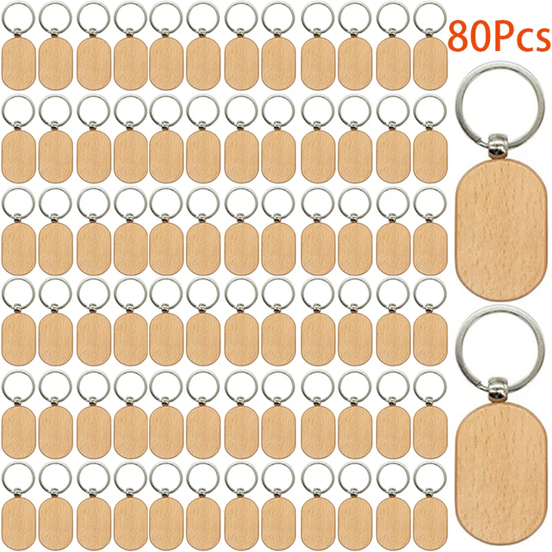 

80Pcs Blank Wooden KeyChain Rectangle Blank Pet Souvenir Plate