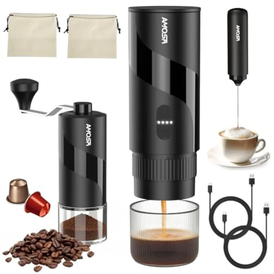 

Portable Electric Espresso Machine Manual Coffee Grinder Electric Milk Frother All in 1 Mini Travel Coffee Maker Set for Campin