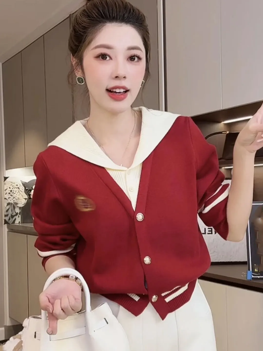 

Loose Women's Knitted Sweater Cardigan Navy Collar Color Blo Soft Autumn New Sle Faion College Sle Long Sve Top