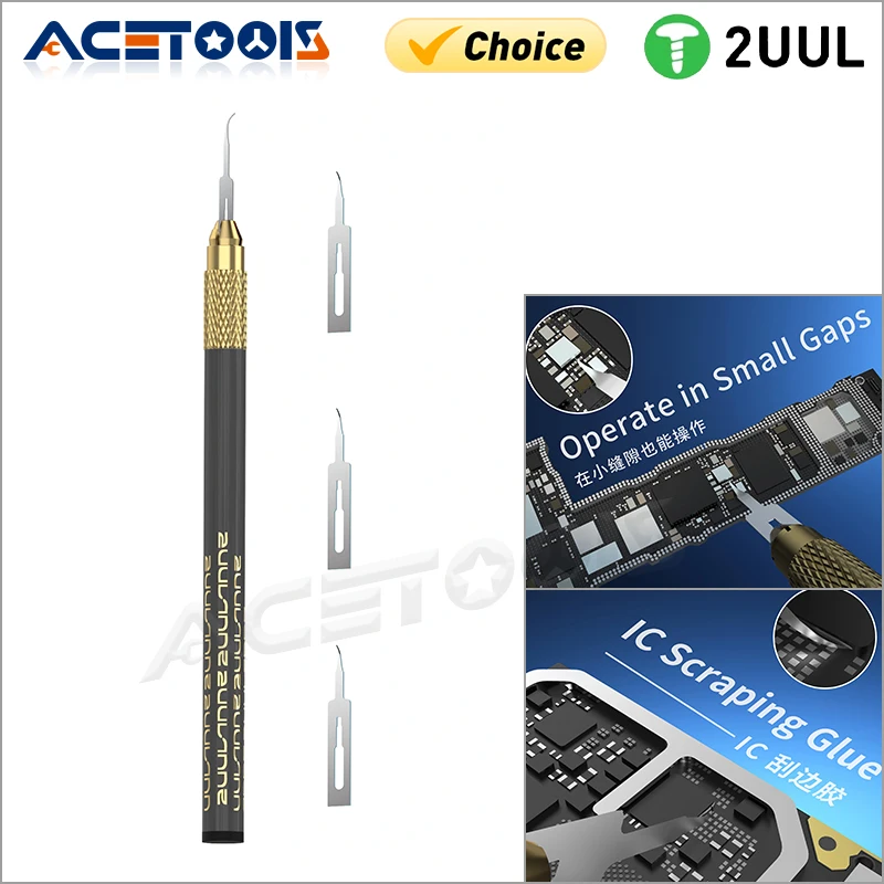 

2UUL DA12 MicroFix Hook for Phone Pcb Underfill Clean 3 Blades Ultralight Carbon Fiber Holder Glue Removal Blades Set Tool