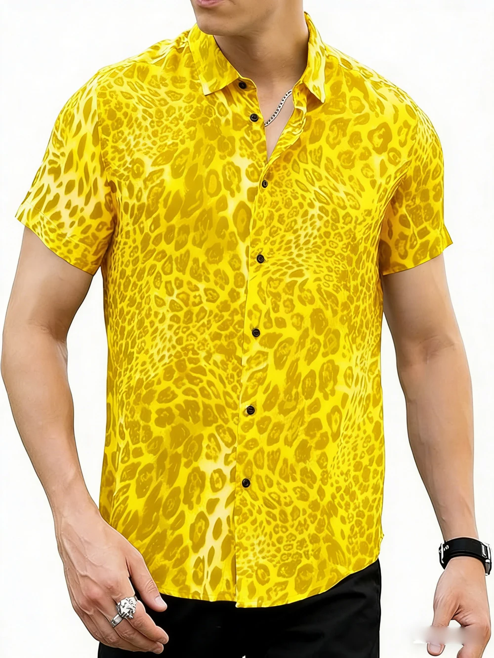 

Men's Fashion Colorful Short Sleeve Collar Shirt Animal Pattern High-definition Printed Shirt Hawaiian Vacation Social Top men