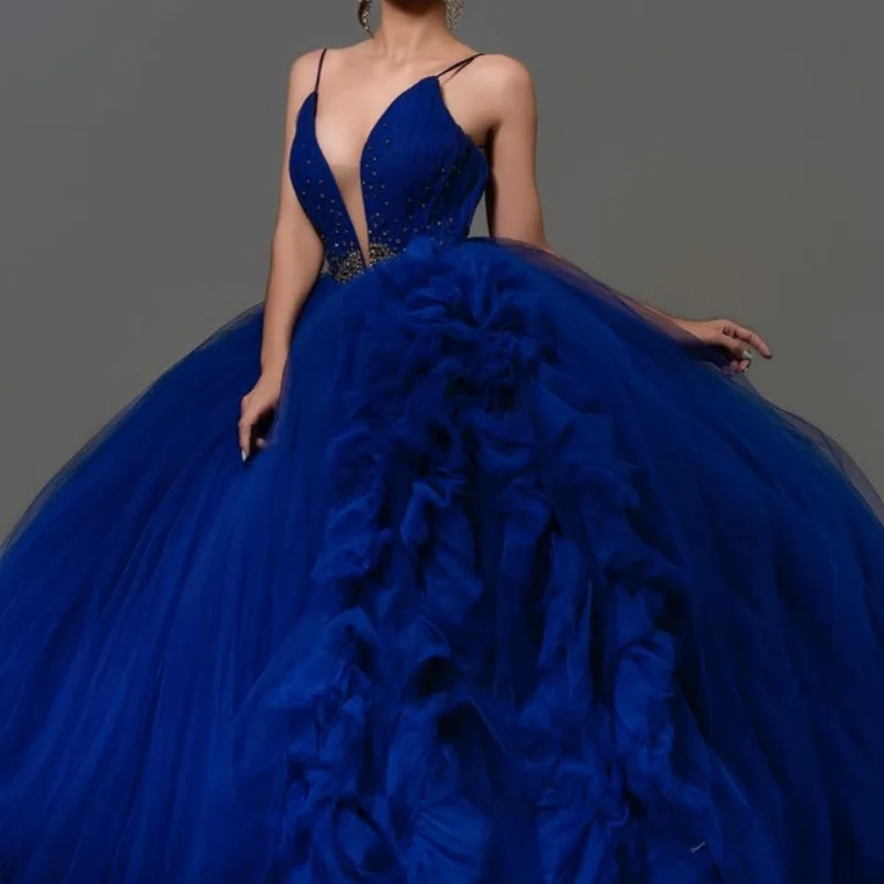 

Royal Blue Quinceanera Dress off-shoulder Crystal Decal Lace Layered Ruffles Long tail vestidos de 15 Quinceanera ﻿Customize
