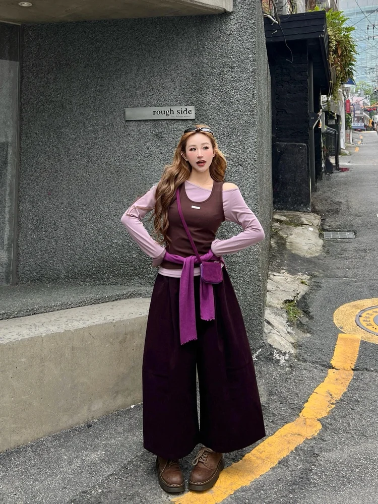 

Nii Daily Двусторонняя футболка с объемным плечом Long Sve Color Blo Set Корейская футболка из смеси хлопка с высокой талией и прямым вырезом