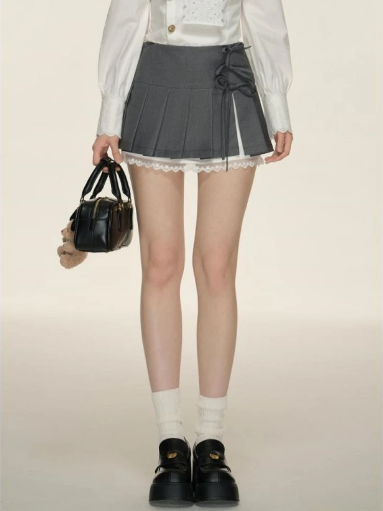 HOUZHOU Preppy Style Pleated Skirt Women Korean Fashion Bow Bandage Lace Edge Vintage Grey Mini School Skirt Sexy Summer Y2k