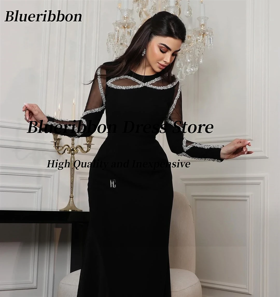 Blueribbon preto vestidos de baile 2025 o-pescoço miçangas mangas compridas vestido de noite sexy ver através de vestidos de festa de cocktail personalizado