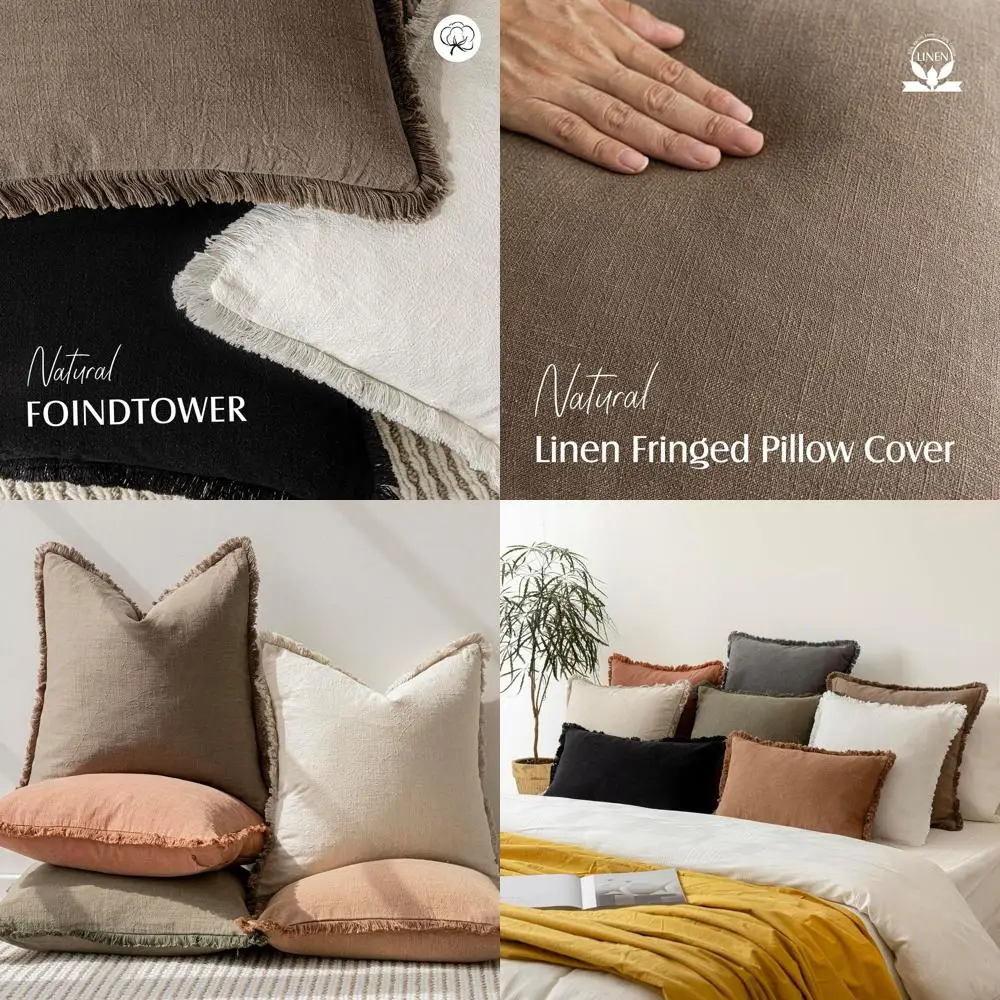 

Linen Fringe Pillow Covers, 26x26, Light Brown, Boho Farmhouse Decor for Couch