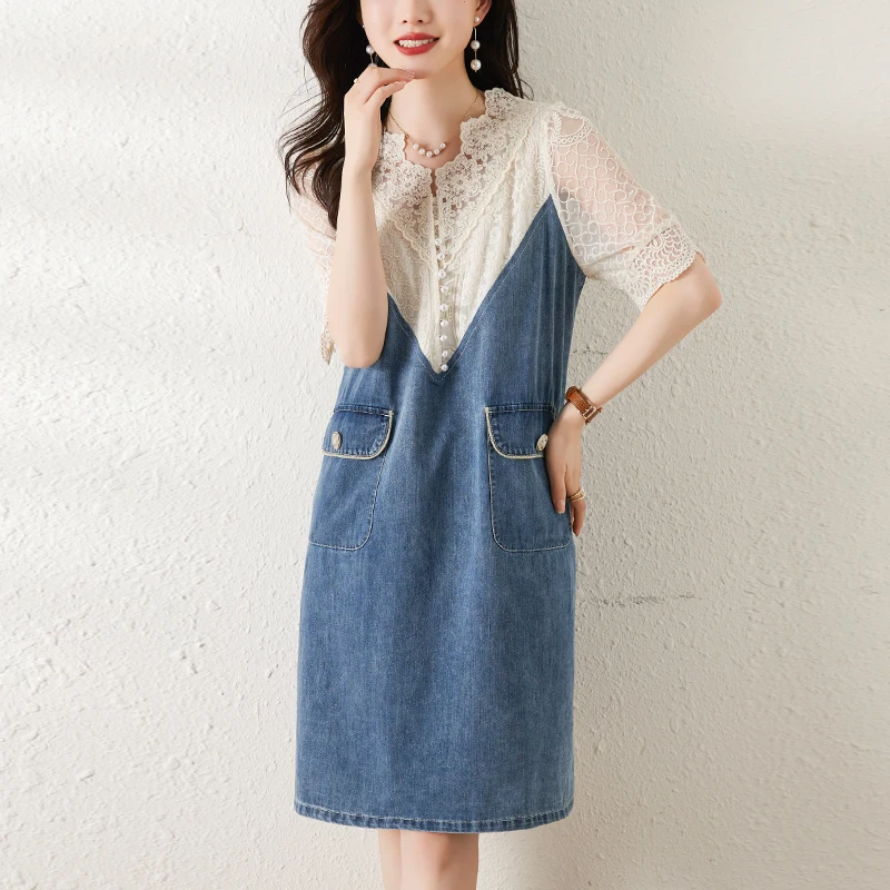 #7944 Summer False Two Piece Denim Dress Women Spliced Lace V-neck Vintage Jeans Dress Ladies Short Sleeve Pockets Korean Style