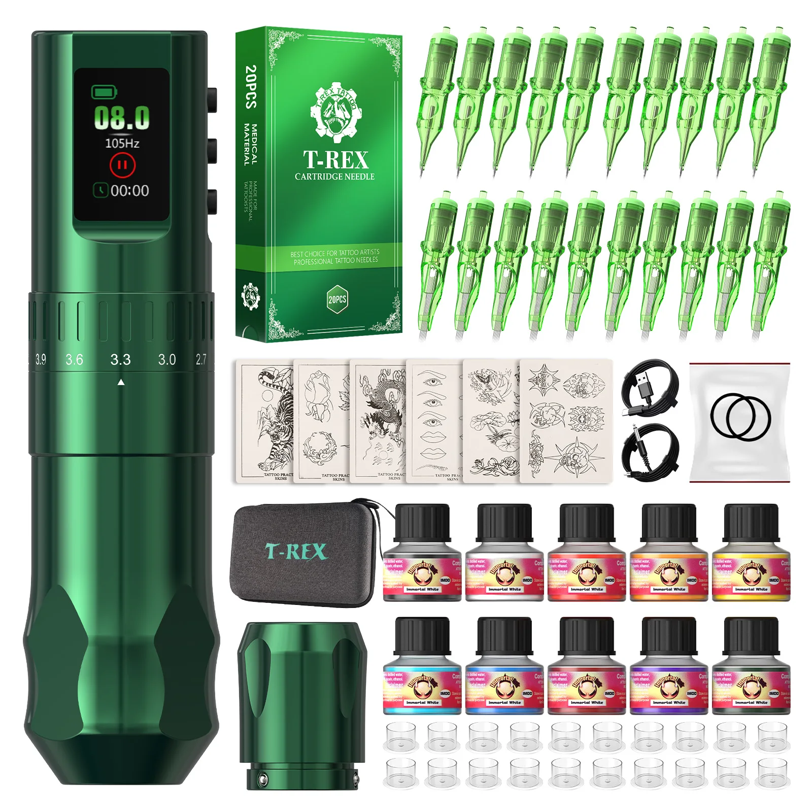 

Tattoo Gun Kit T-Rex Tattoo Kit Complete Wireless Tattoo Machine 1600mAh Power Supply Adjustable 2.4mm-4.2mm Travel Tattoo Pen