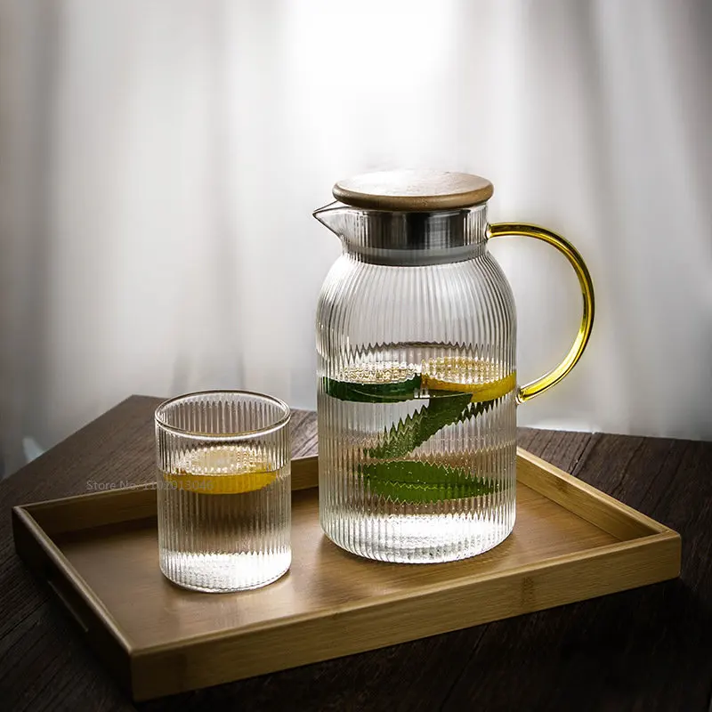 1500ml Glass Water Pitcher With Handle Bamboo Lid Heat Resisttant Cold Hot Kettle Large-capacity Tea Pitcher Water Juice Jug Cup