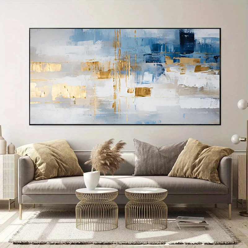100% Handmade Abstract Oil Painting Blue And Orange Blue gold texture Wall Art Picture For Home Living Room Decor Image Gift