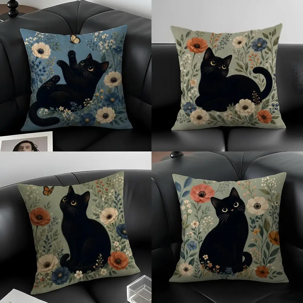 Art Black Cat With Flower Cushion Cover Natural Linen Pillowcase Set, All-in-One Decor for Sofa, Bedroom & Chair