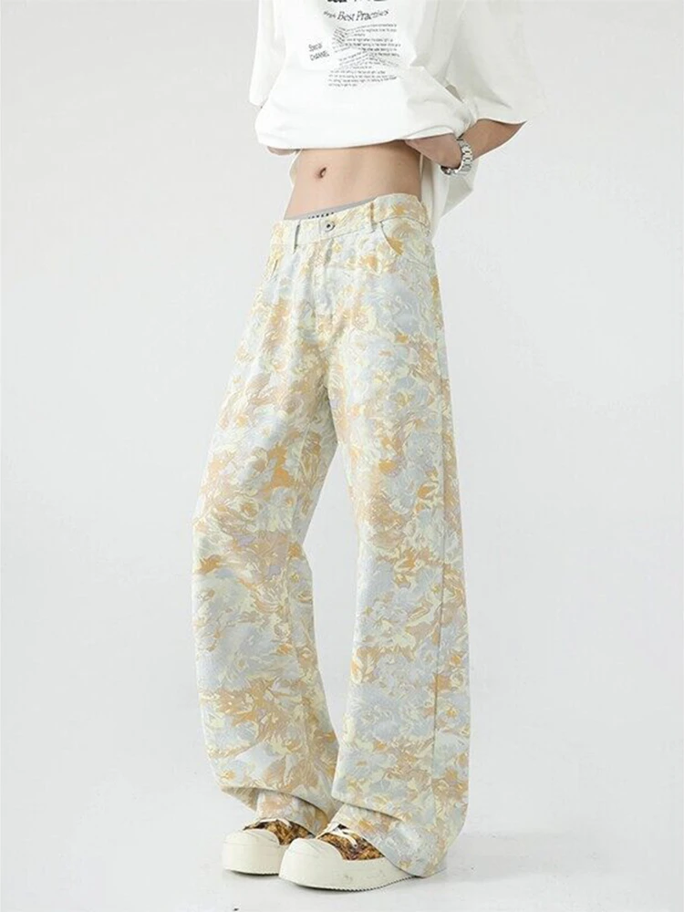 

Мужские летние джинсы с широкими штанинами и принтом тай-дай, свободного прямого кроя, в американском стиле High Street, CleanFit, модные повседневные брюки