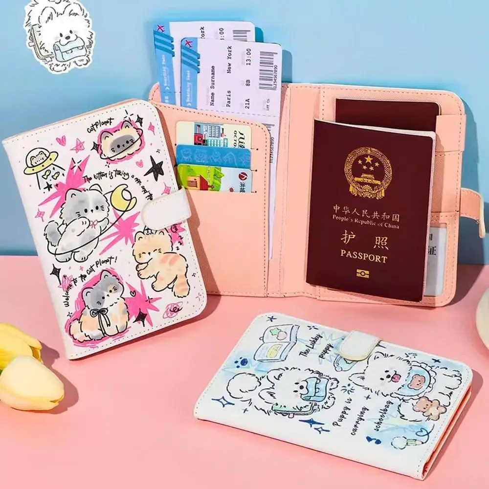 Lovely Cartoon Small Dog PU Passport Cover Multi-function Certificates Card Bag Ticket Clamp Travel Supplies